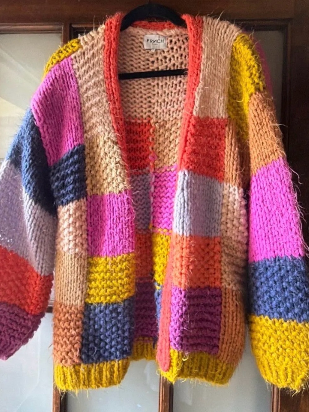 FRNCH Multicolor Patchwork Cardigan - Pink, Yellow, Orange, Gray